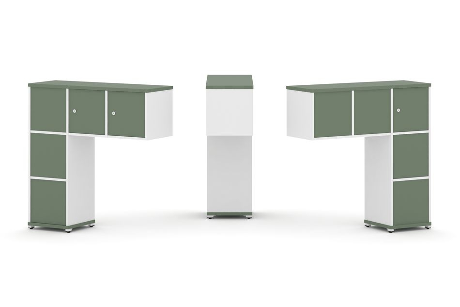 Надставка на стол низкая двухсторонняя + задняя стенка (5 шт.) + блок с 1-м ящиком (2 шт.) + распашной фасад (3 шт.) CONCEPT CN.DNN-006 Кобо Белый бриллиант Белый металл