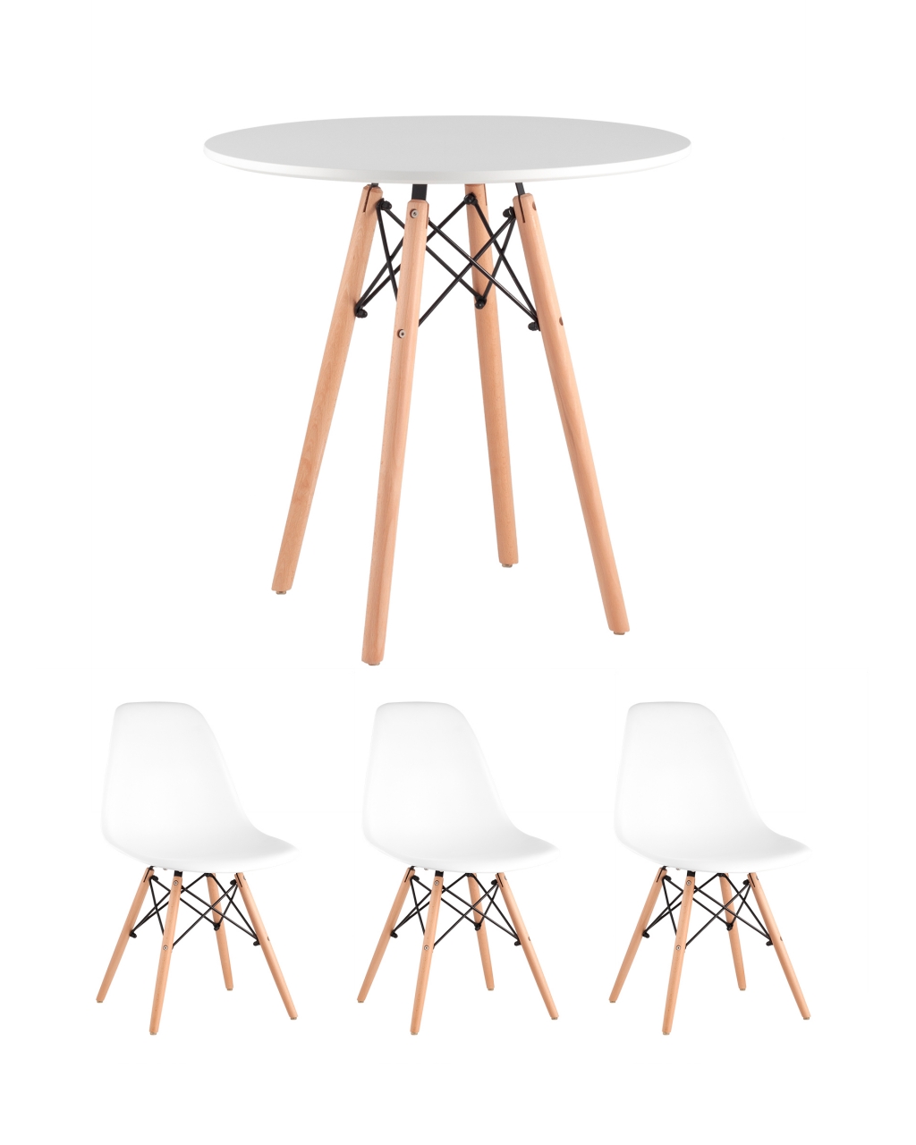 Обеденная группа Eames D70, 3 стула Eames DSW Белые