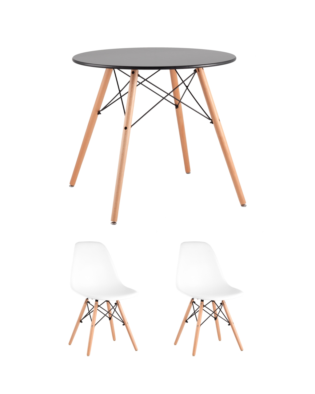 Обеденная группа Eames D80 Черный, 2 стула Eames DSW Белые