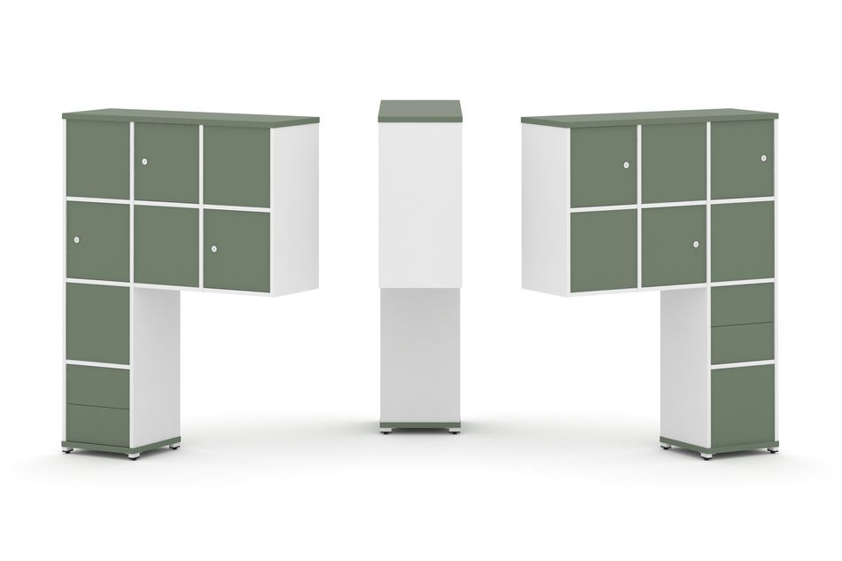 Надставка на стол высокая двухсторонняя + задняя стенка (8 шт.) + блок с 2-мя ящиками (2 шт.) + распашной фасад (6 шт.) CONCEPT CN.DNV-004 Кобо Белый бриллиант Белый металл