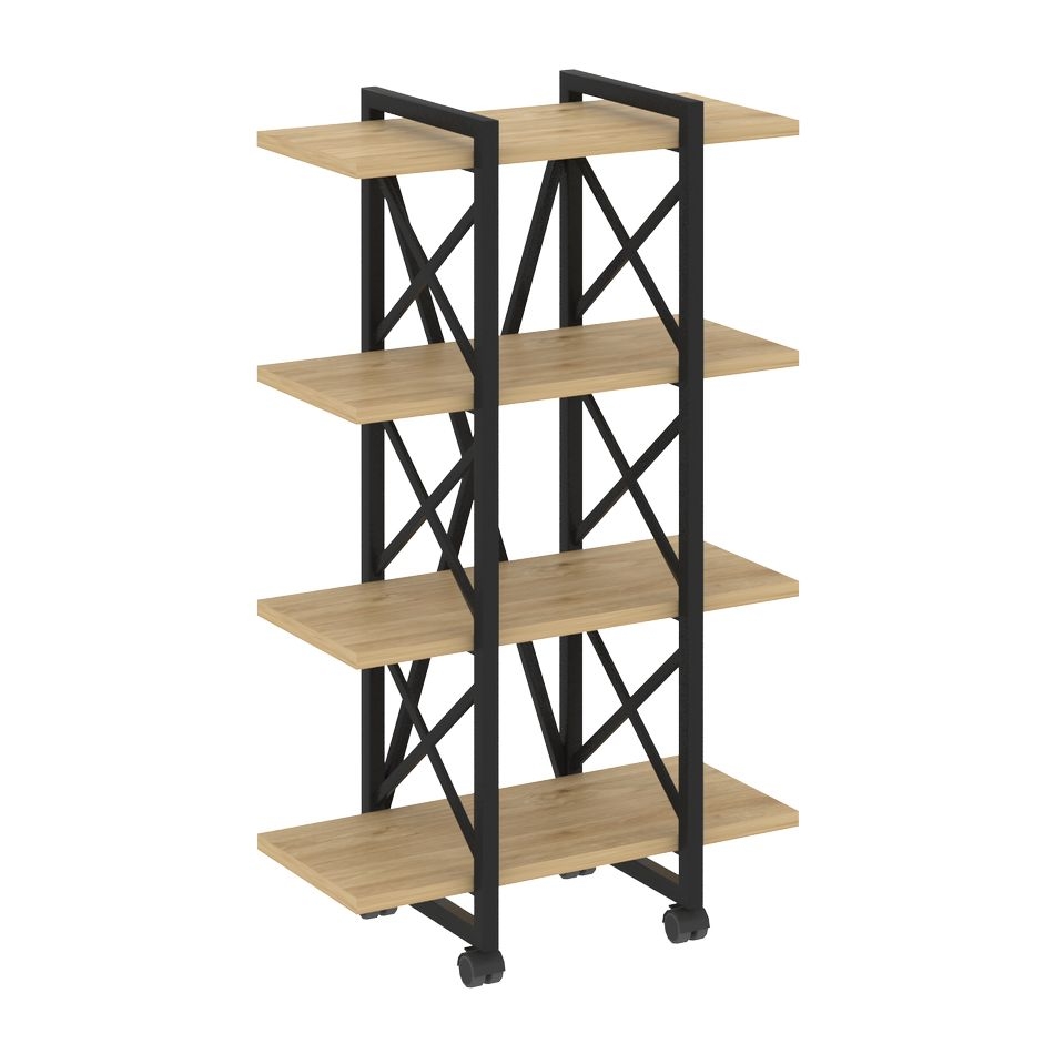 Стеллаж на колесных опорах - 4 полки LOFT  VR.L-MST.K-4.4V Металл черный Тиквуд светлый