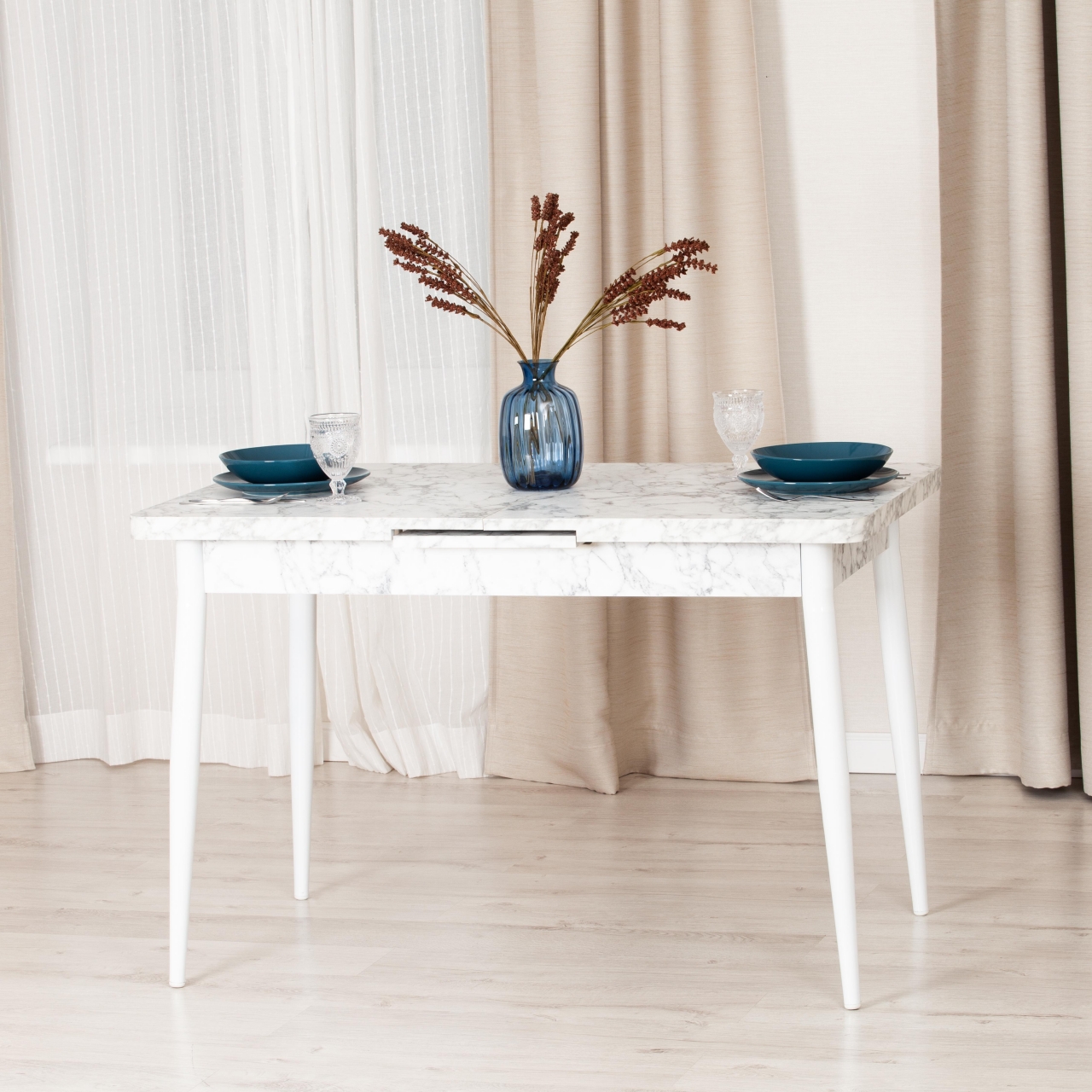 Стол обеденный ALTA (mod. 1183) ЛДСП+меламин/металл, 120+30 х 70 х 75 см, белый мрамор/белый