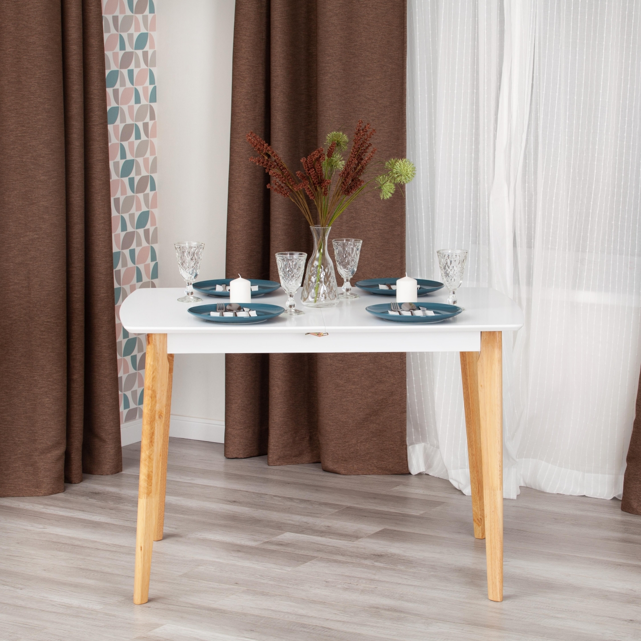 Стол обеденный раскладной Claire дерево гевея, МДФ, 110+30 x 75 x 75см, White (Белый) / Natural (натуральный)