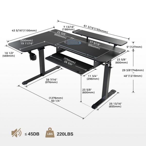 Стол для для компьютера (для геймеров) угловой (левый) c электроприводом EUREKA ERK-L60L-B-PRO-V1-EU