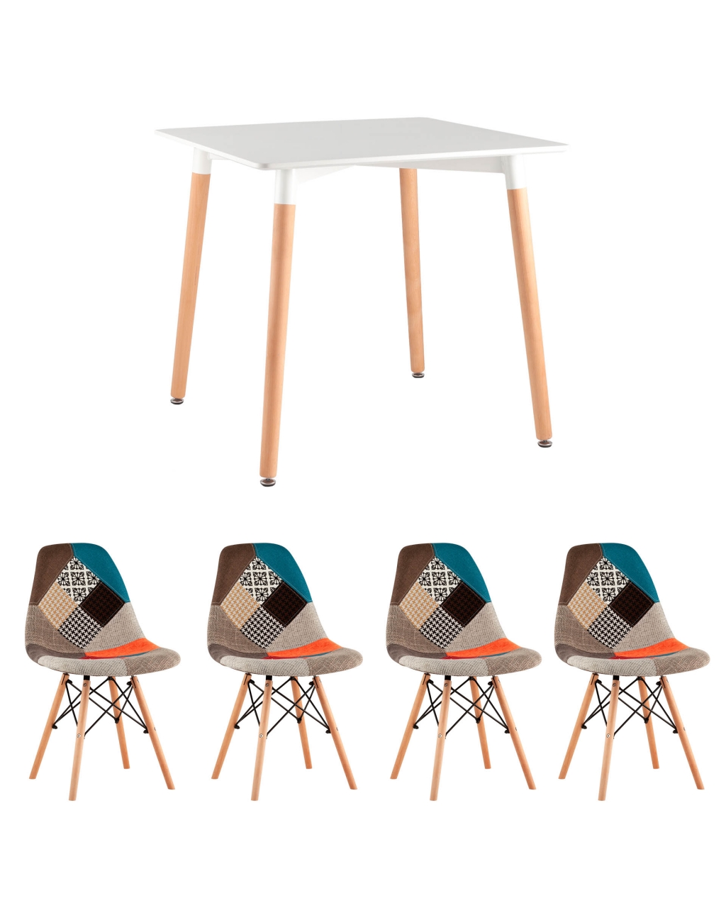 Обеденная группа стол Oslo Square 80x80 см, 4 стула Eames DSW Пэчворк
