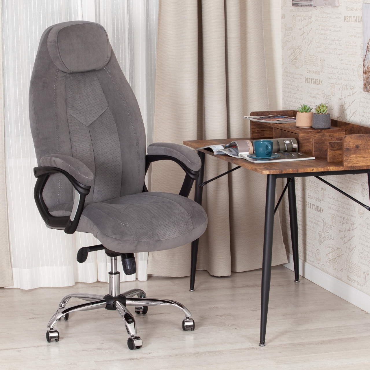 Кресло BOSS Lux флок , серый/серый перф., 29/29/06