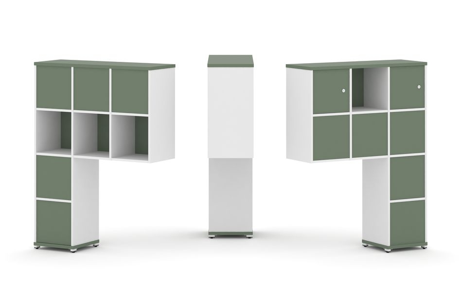 Надставка на стол высокая двухсторонняя + задняя стенка (8 шт.) + блок с 1-м ящиком (2 шт.) + распашной фасад (2 шт.) CONCEPT CN.DNV-007 Кобо Белый бриллиант Белый металл