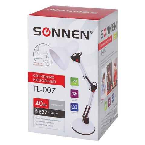 Светильник настольный СОННЕН ТЛ-007 на подставке + струбцина БЕЛЫЙ / SONNEN TL-007