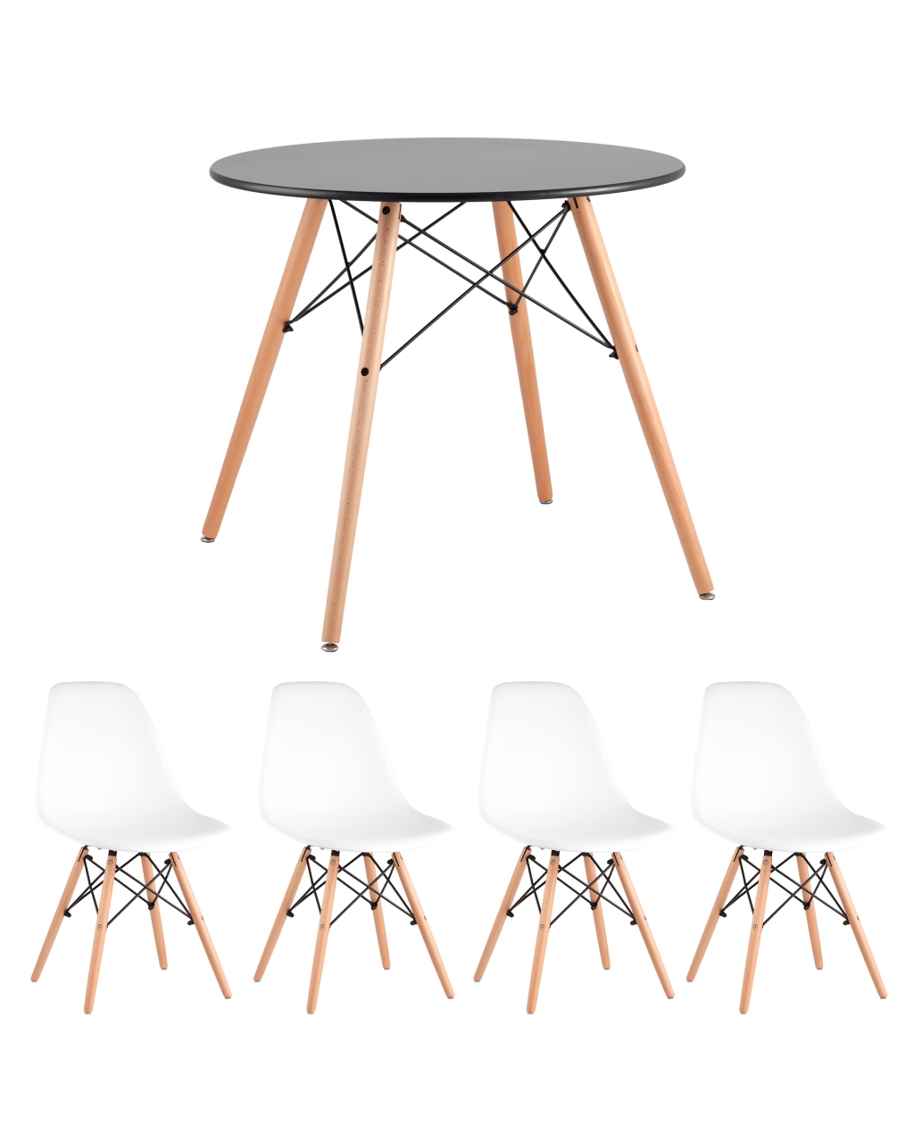 Обеденная группа Eames D80 Черный, 4 стула Eames DSW Белые