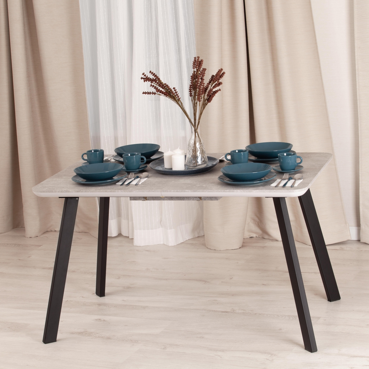 Стол обеденный NELSON МДФ/ЛДСП/металл, 128-170х80х75 см, Бетон/Черный