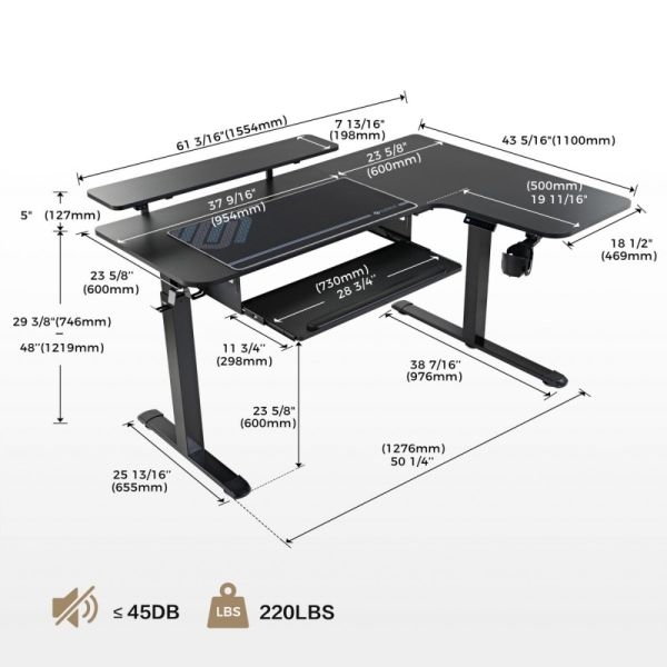 Стол для для компьютера (для геймеров) угловой (правый) c электроприводом EUREKA ERK-L60R-B-PRO-V1-EU