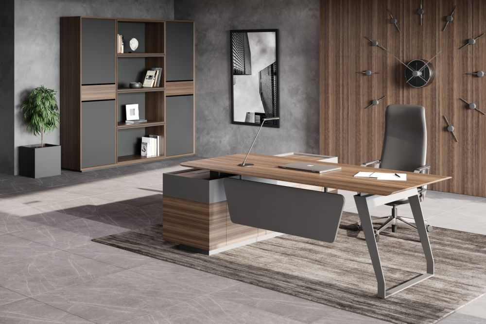 Стол руководителя на опорной тумбе QUARTZ QZ.0101.BW+QZ.0201.BW.GF.R левый