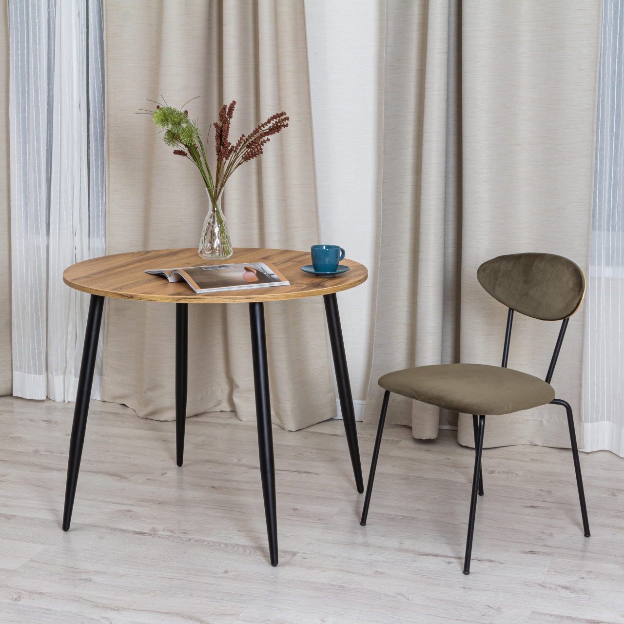 Стол URANUS ЛДСП/металл, 90x90x77 см, Дуб вотан/Черный