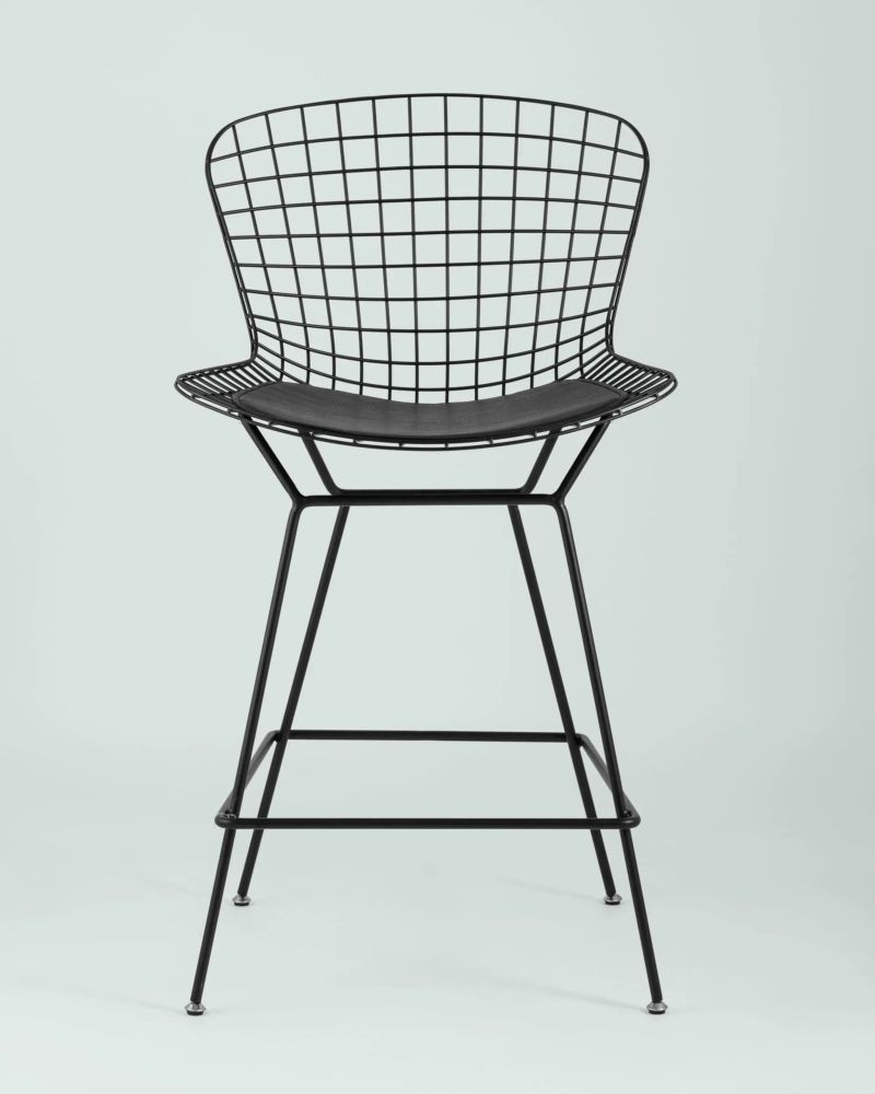 Стул полубарный с низкой спинкой Bertoia Черный с черной подушкой
