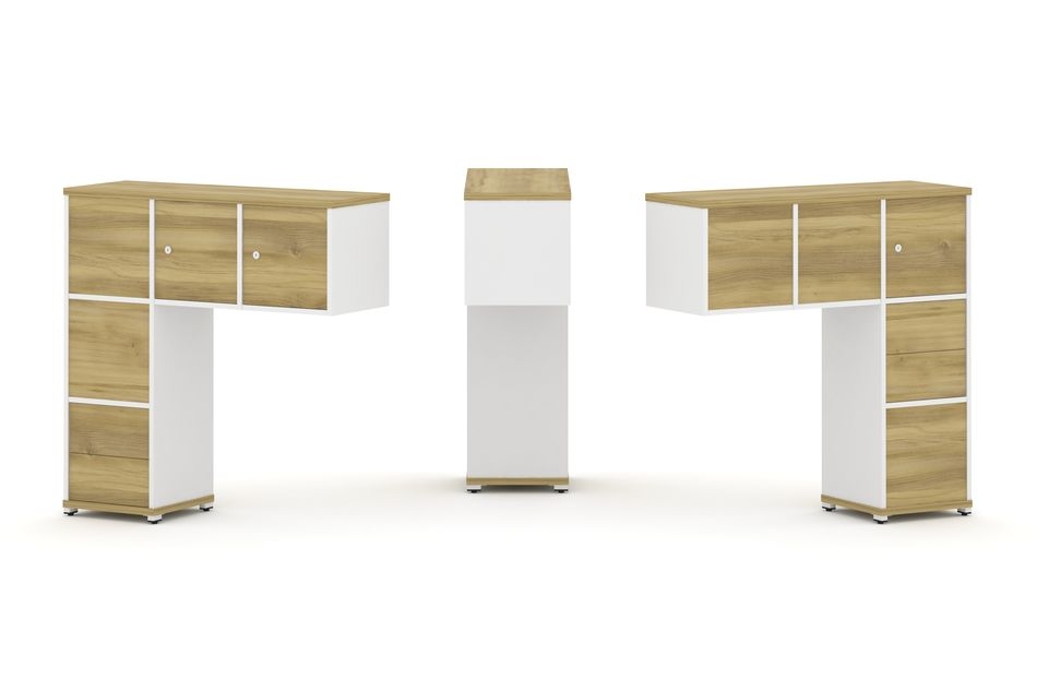 Надставка на стол низкая двухсторонняя + задняя стенка (5 шт.) + блок с 2-мя ящиками (2 шт.) + распашной фасад (3 шт.) CONCEPT CN.DNN-005 Дуб Винченцо Белый бриллиант Белый металл
