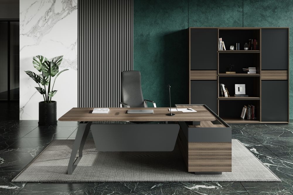 Стол руководителя на опорной тумбе QUARTZ QZ.0101.BW+QZ.0201.BW.GF.R левый