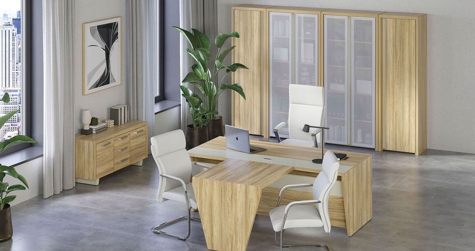 Шкаф высокий широкий (2 низких фасада ЛДСП + 2 средних фасада стекло сатин в раме) Corner COR.ST-1.2R Гикори Песочный