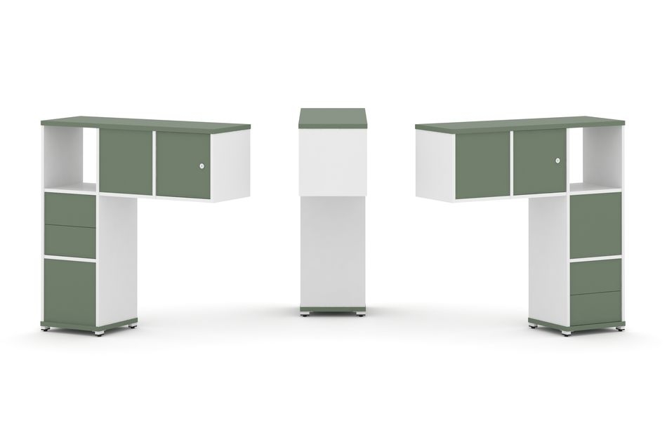 Надставка на стол низкая двухсторонняя + задняя стенка (4 шт.) + блок с 2-мя ящиками (2 шт.) + распашной фасад (2 шт.) CONCEPT CN.DNN-004 Кобо Белый бриллиант Белый металл