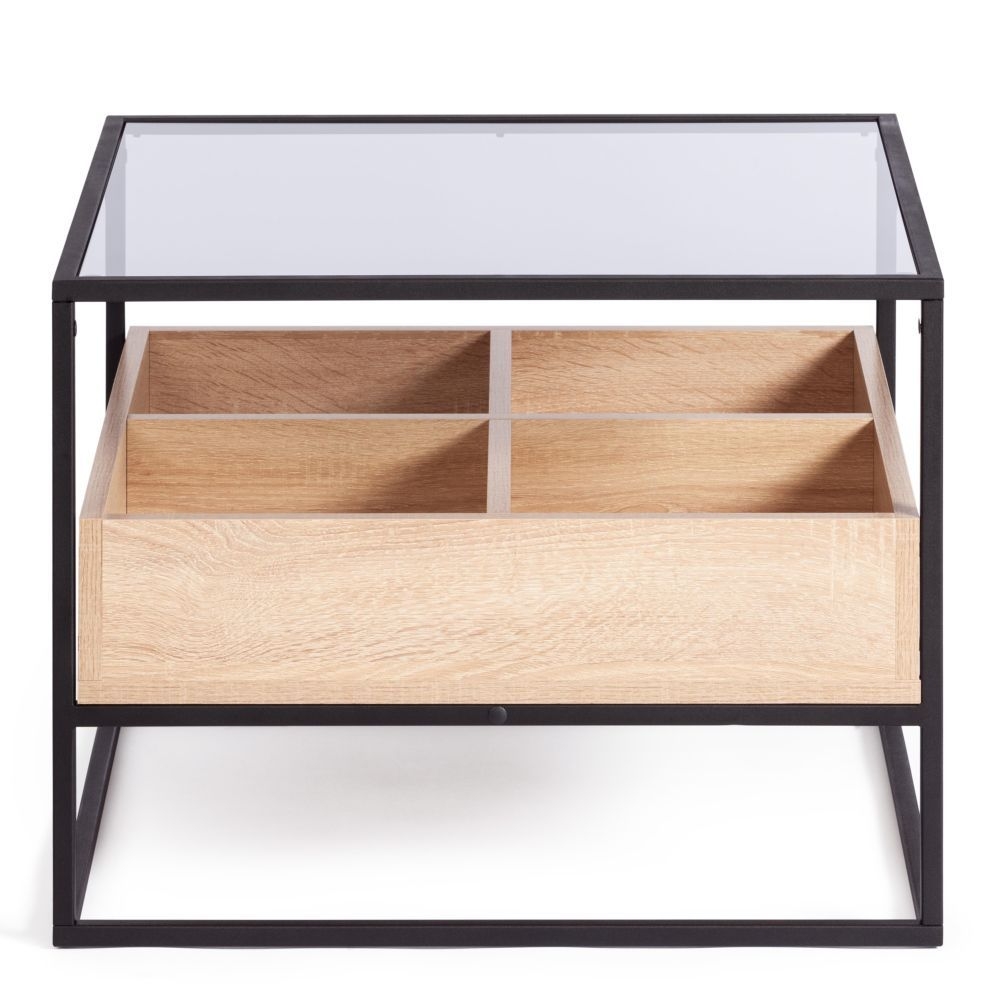 Журнальный стол Eclipse ЛДСП 16мм, стекло 4мм, металл 15x15мм, 60*60*46 см, Сонома/черный