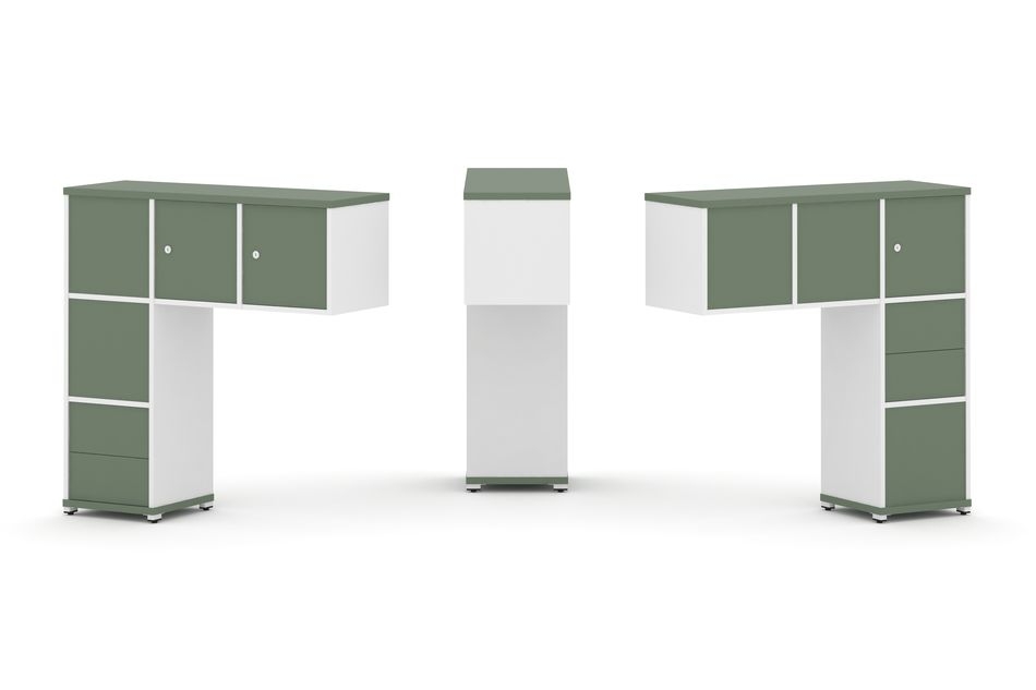 Надставка на стол низкая двухсторонняя + задняя стенка (5 шт.) + блок с 2-мя ящиками (2 шт.) + распашной фасад (3 шт.) CONCEPT CN.DNN-005 Кобо Белый бриллиант Белый металл