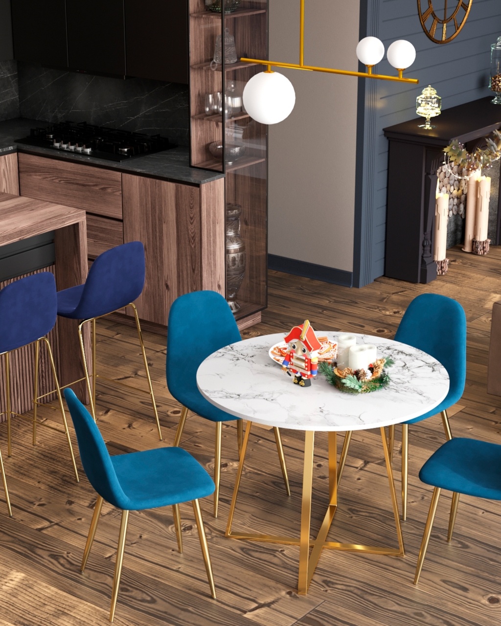 Стул Валенсия SN NEW велюр темно-синий золотые ножки