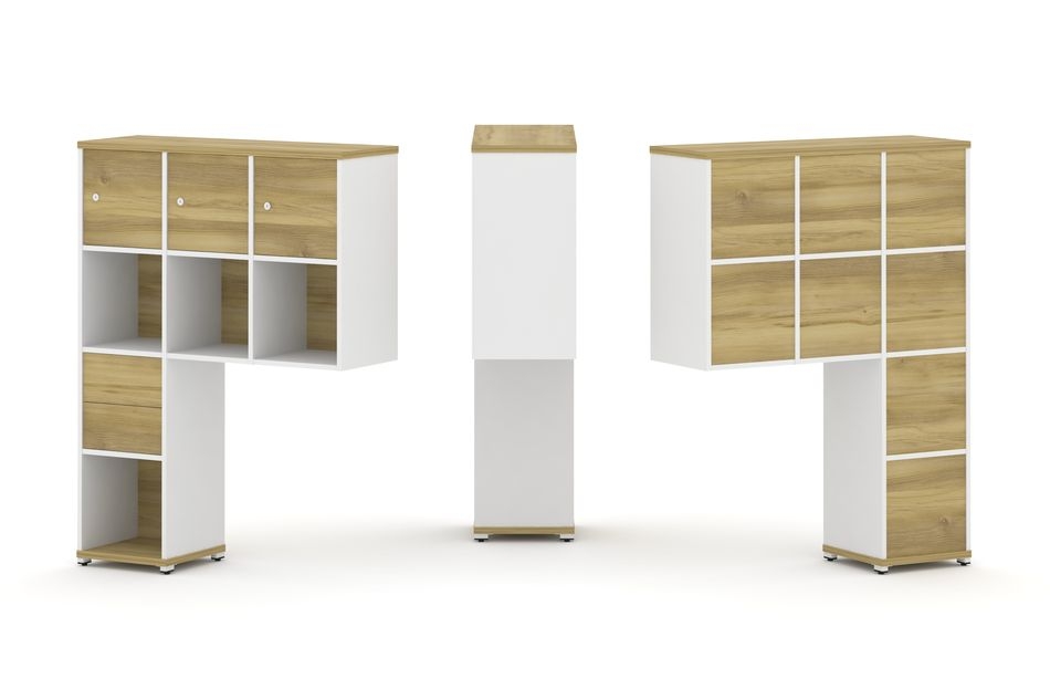 Надставка на стол высокая односторонняя + задняя стенка (8 шт.) + распашной фасад (3 шт.) + блок с 2-мя ящиками (1 шт.) CONCEPT CN.ONV-004 Дуб Винченцо Белый бриллиант Белый металл