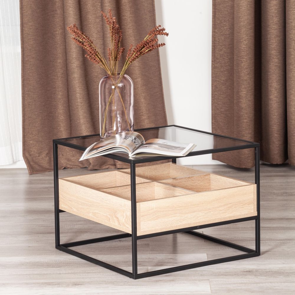 Журнальный стол Eclipse ЛДСП 16мм, стекло 4мм, металл 15x15мм, 60*60*46 см, Сонома/черный