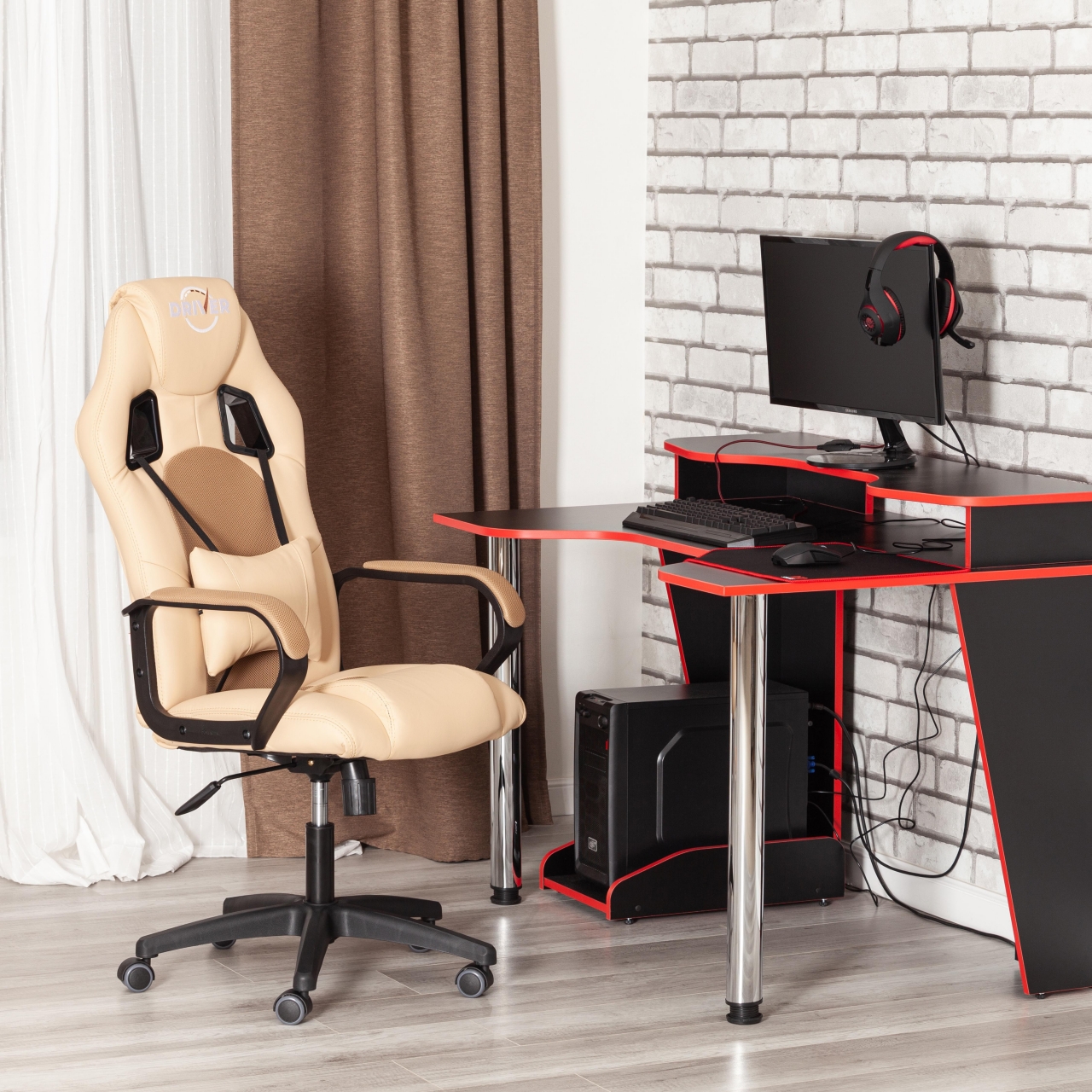 Кресло DRIVER (22) кож/зам/ткань, бежевый/бронза, 36-34/TW-21