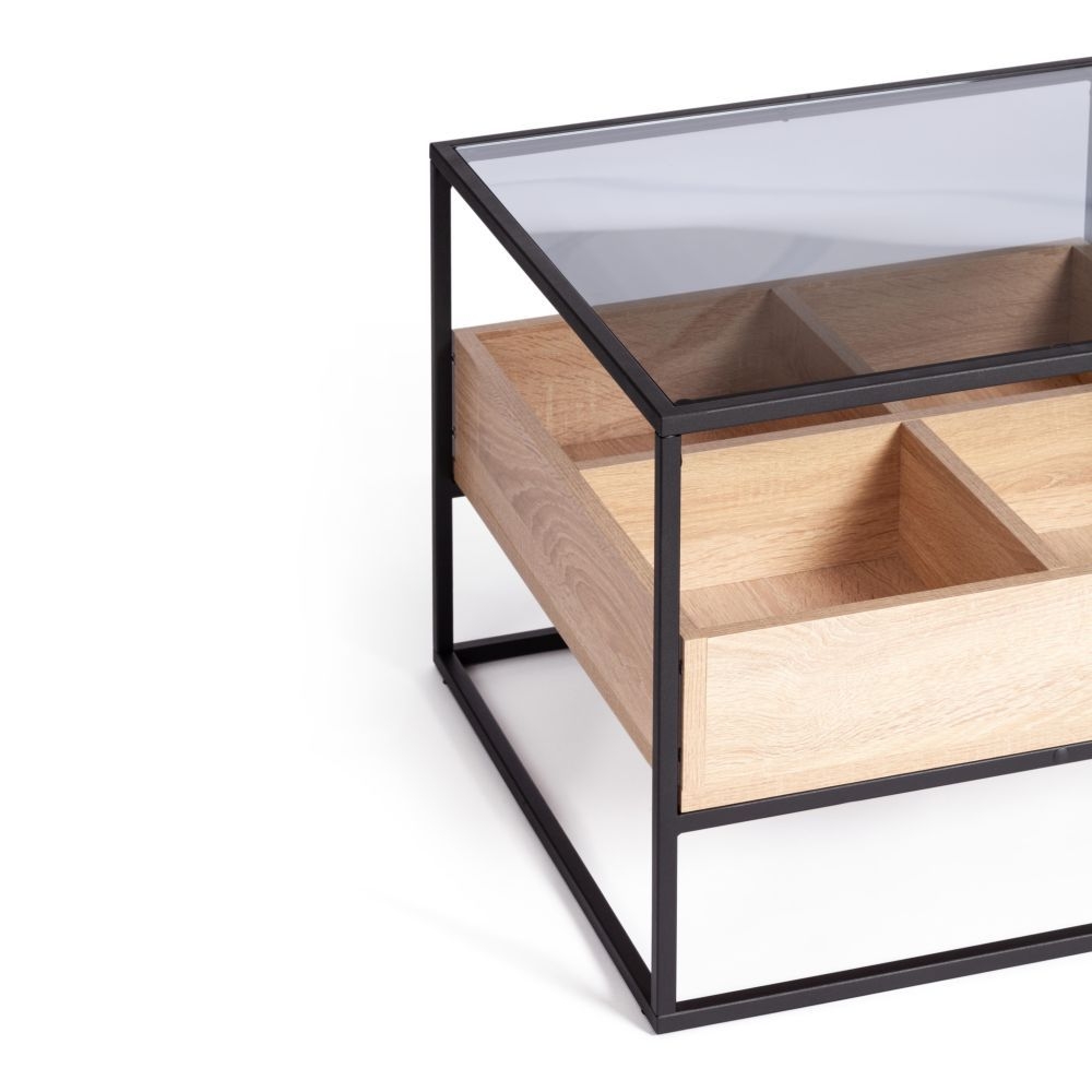 Журнальный стол Eclipse ЛДСП 16мм, стекло 4мм, металл 15x15мм, 60*60*46 см, Сонома/черный